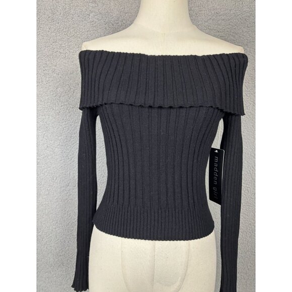 Madden Girl Juniors' Black Off-Shoulder Ribbed Sweater Size Medium NWT's - Picture 2 of 8